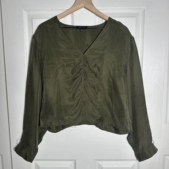 Madewell Brushed Ruched Top Sz 14 Green Long Sleeve Cupro V-Neck Earthy Olive - Picture 4 of 12